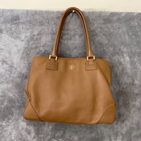 Tory Burch Logo Leather Bag double handles magnetic close, side expandable snaps - Picture 1 of 16